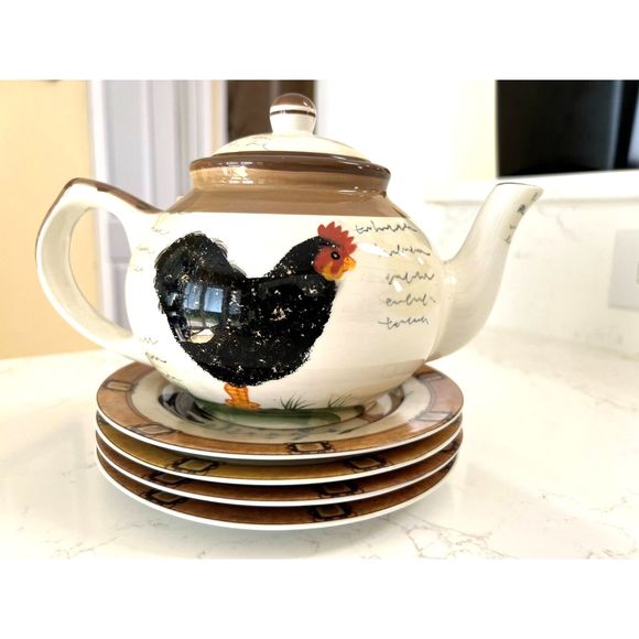 Henriette London Pottery Porcelain Rooster teapot and set of 4 plates - Picture 1 of 15